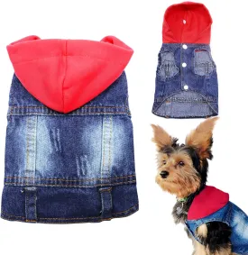 SILD Pet Clothes Dog Jeans Jacket Cool Blue Denim Coat Small Medium Dogs Lapel Vests Classic Hoodies Puppy Blue Vintage Washed Clothes (Red,XS)