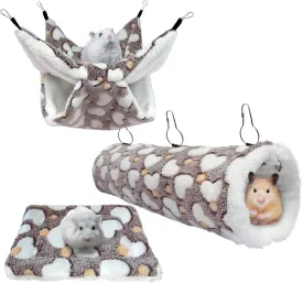 Small Pet Cage Hammock Set, Guinea Pig Hideout, Mattress, Pet Cage Hanging Tunnel Set for Hamsters, Guinea Pigs, Chinchillas and Other Small Animals by 3E Pet (3pcs Set, Coffee)