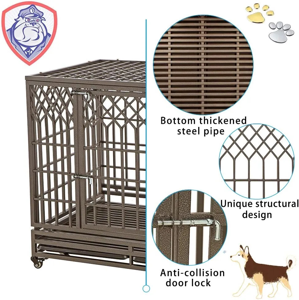 SMONTER Heavy Duty Dog Crate Strong Metal Pet Kennel Playpen with Two Prevent Escape Locks Large Dogs Cage with Wheels (Strengthen-42INCH, Brown)