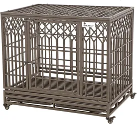 SMONTER Heavy Duty Dog Crate Strong Metal Pet Kennel Playpen with Two Prevent Escape Locks Large Dogs Cage with Wheels (Strengthen-42INCH, Brown)