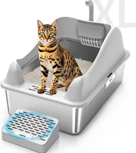 Stainless Steel Cat Litter Box with Lid, XL Extra Large Litter Box for Big Cats, High Sided Kitty Metal Pan with Pedal Filter and Scoop, Non-Sticky&Anti-Leakage Easy Cleaning Gray