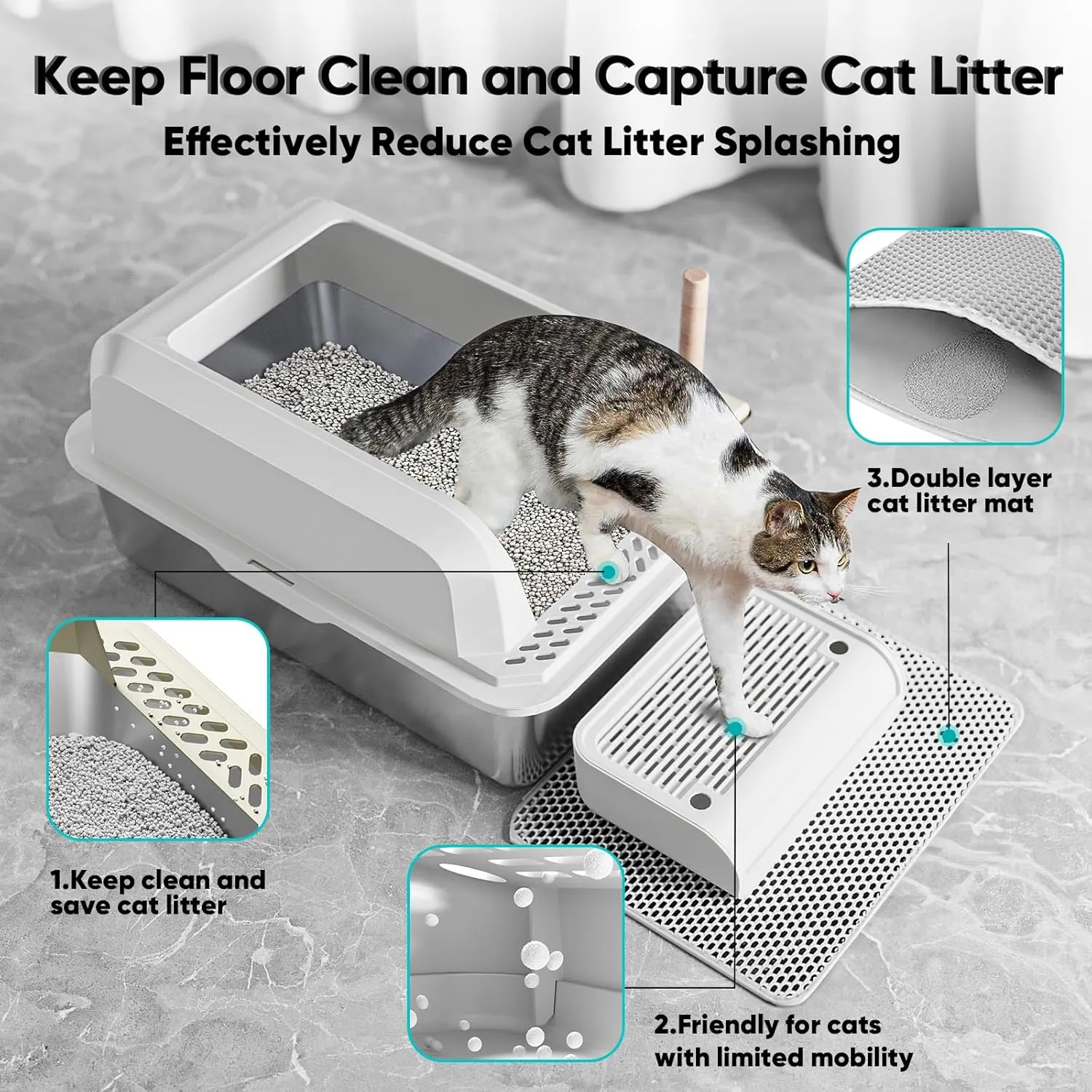 Stainless Steel Cat Litter Box with Lid, XL Large Litter Box for Big Cats, Enclosed Kitty Litter Pan with High Sides, Anti-Leakage&Non-Stick, Easy to Clean, Included Scoop, Aisle and Mat White
