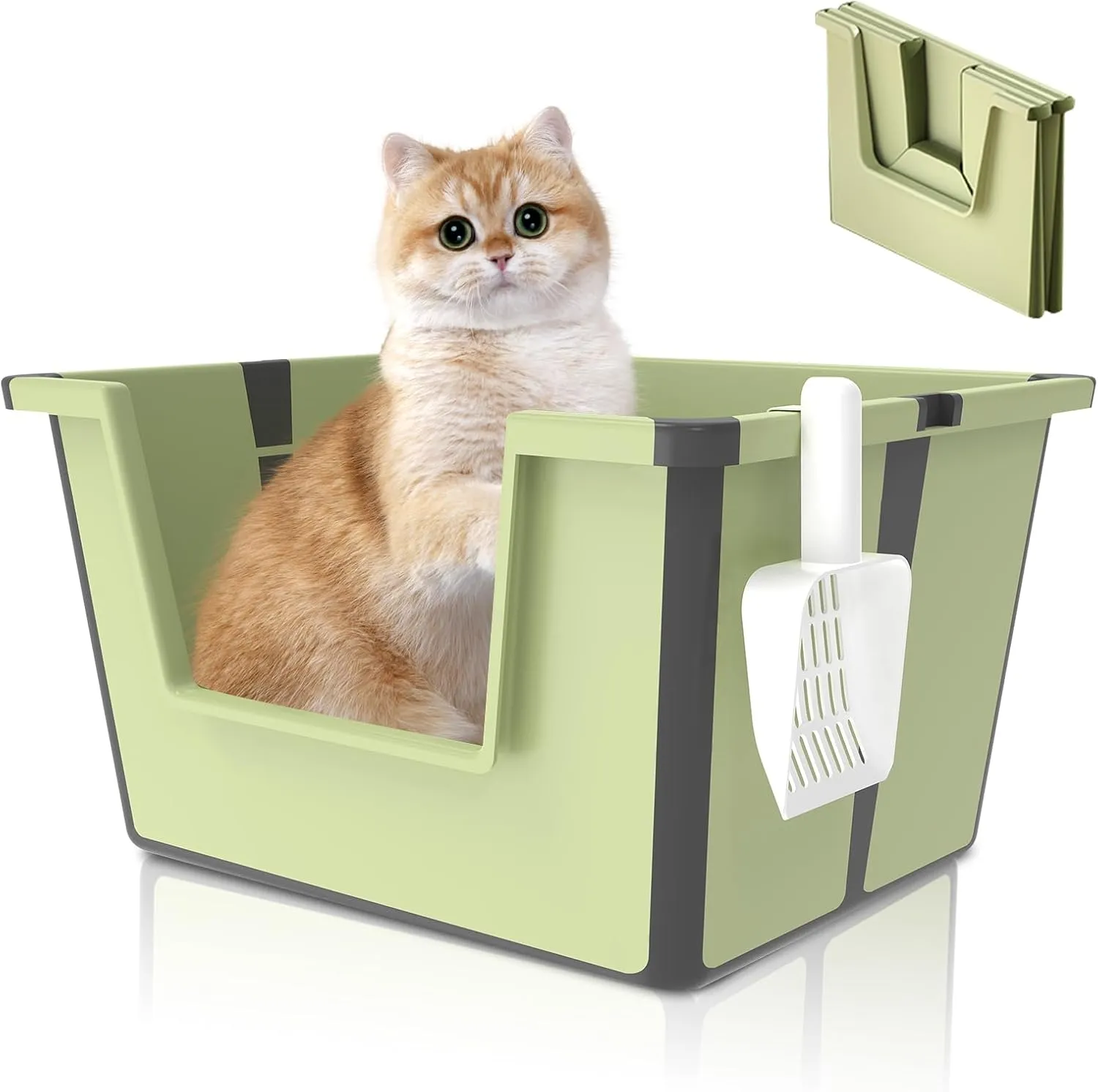 Travel Portable Cat Litter Box, Foldable High Side Low Entry Cat Potty Pan, Open Top Litter Tray, Anti Splashing Non-Stick Pet Toilet with Scoop, Indoor and Outdoor