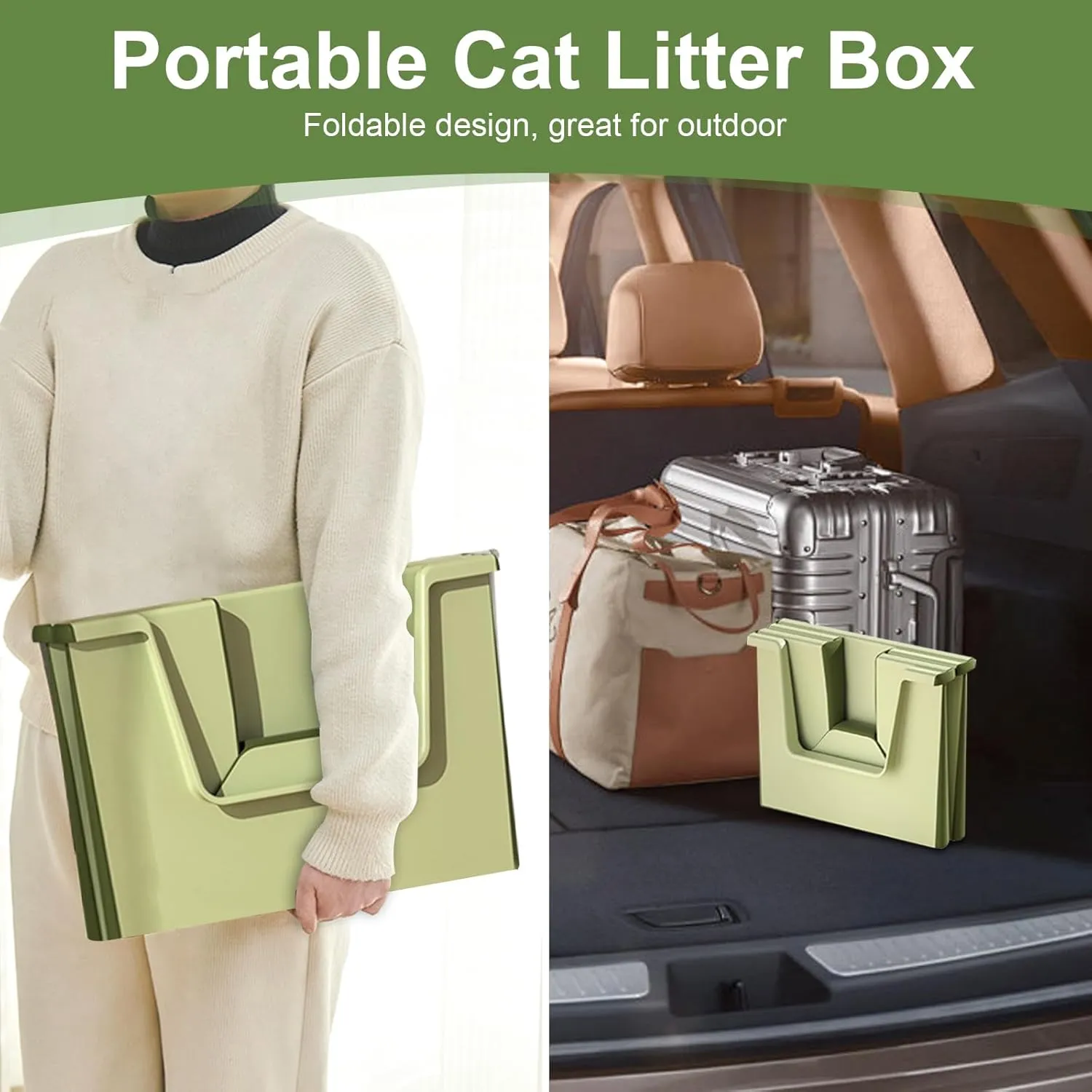 Travel Portable Cat Litter Box, Foldable High Side Low Entry Cat Potty Pan, Open Top Litter Tray, Anti Splashing Non-Stick Pet Toilet with Scoop, Indoor and Outdoor