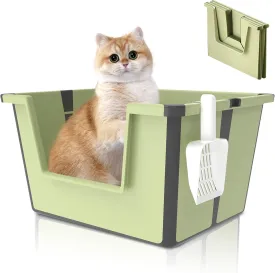 Travel Portable Cat Litter Box, Foldable High Side Low Entry Cat Potty Pan, Open Top Litter Tray, Anti Splashing Non-Stick Pet Toilet with Scoop, Indoor and Outdoor