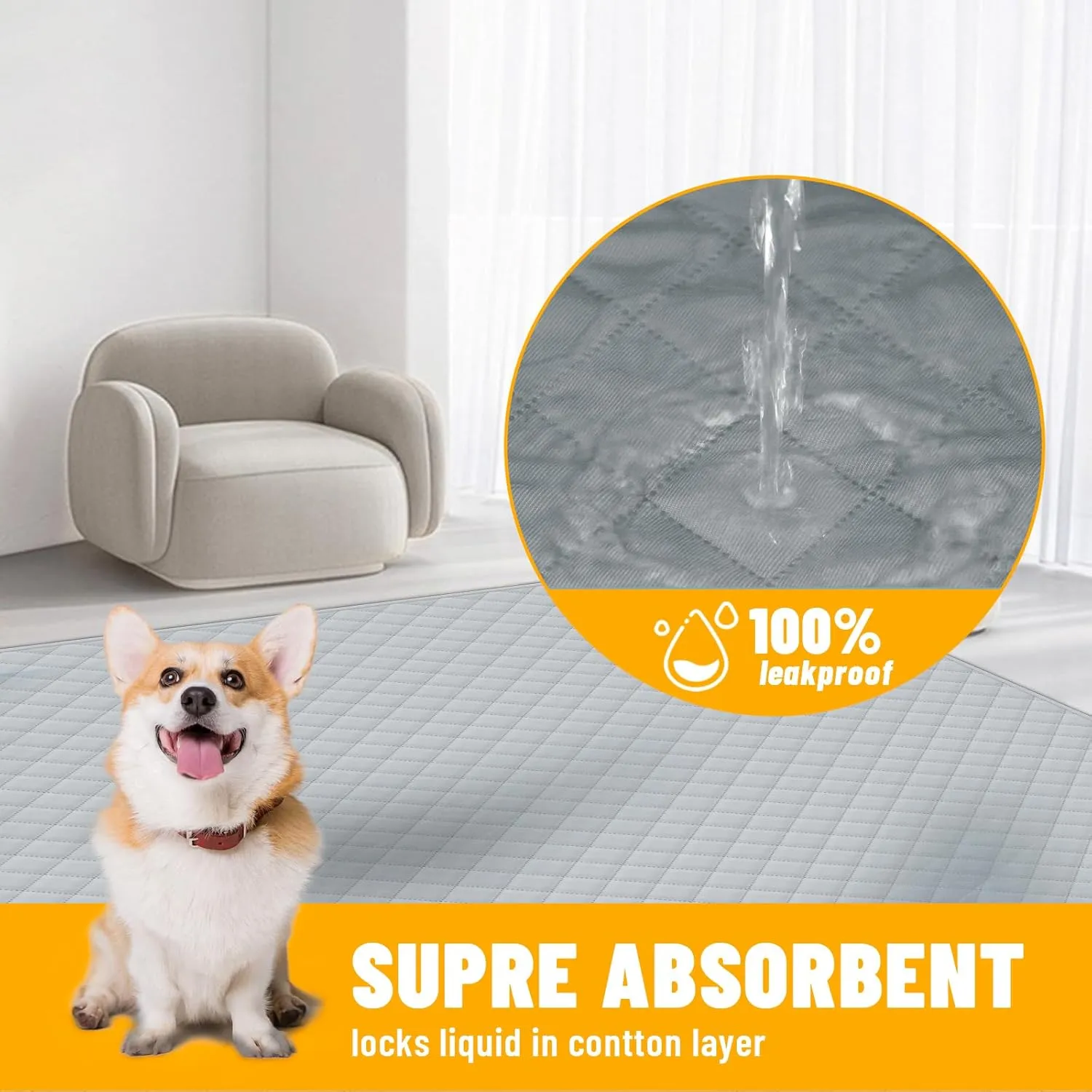 Washable Pee Pads for Dogs,Super Absorbent Reusable Dog Training Pads,Non-Slip Potty Pads for Floor,Waterproof Puppy Training Pads for Crate,Couch Pads Litter Mat Pet Supplies,36*59 inch