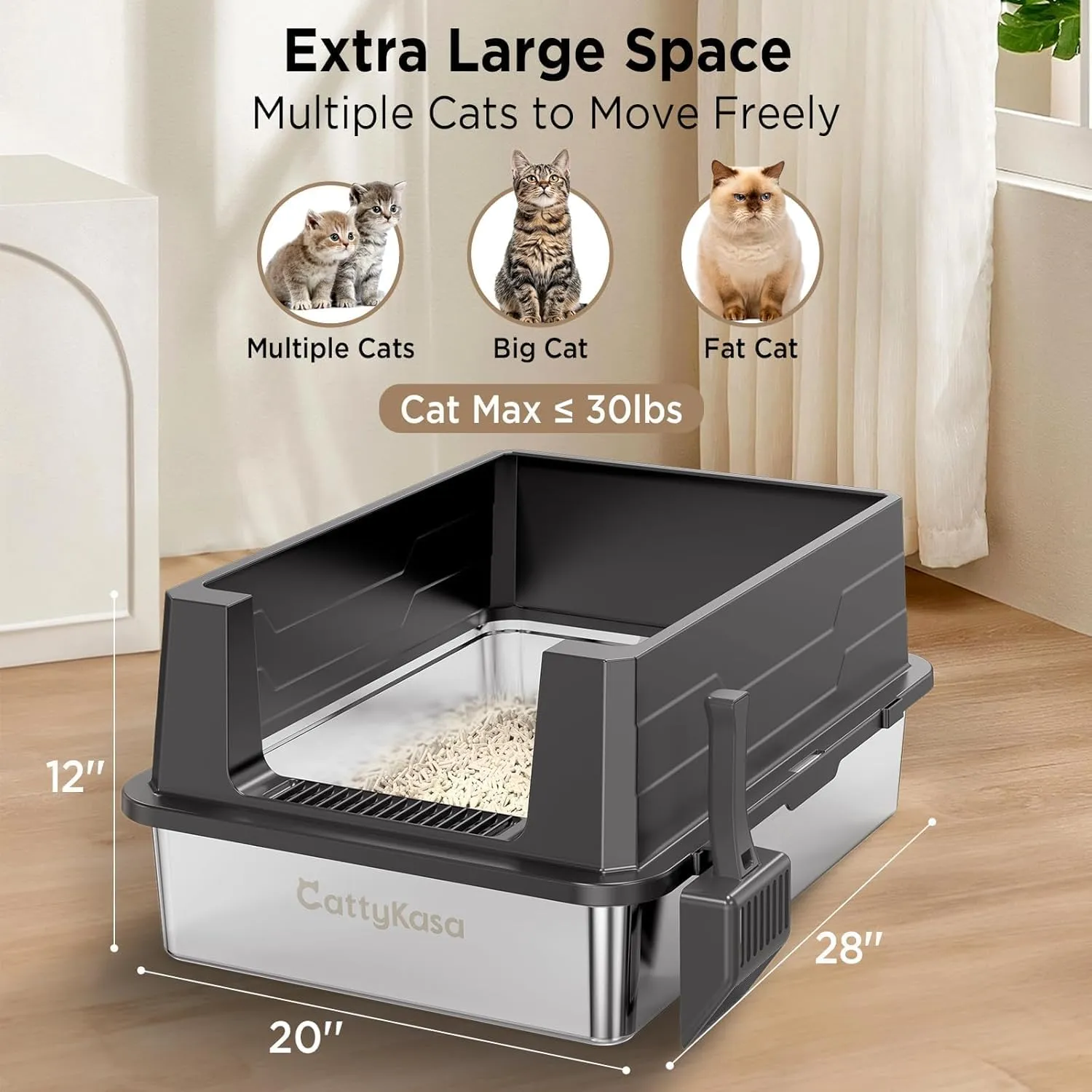 XXXL Stainless Steel Cat Litter Box,CattyKasa 28" L x 20" W Extra Large Litter Pan-for Big Cats/Multiple Cats Litter Box High Sided,Never Absorbs Odors, Anti-Urine Leakage,Easy Cleaning,Include Scoop