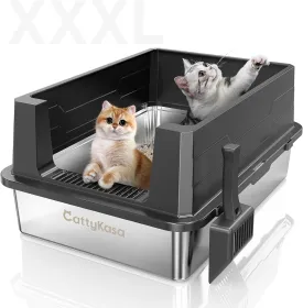 XXXL Stainless Steel Cat Litter Box,CattyKasa 28" L x 20" W Extra Large Litter Pan-for Big Cats/Multiple Cats Litter Box High Sided,Never Absorbs Odors, Anti-Urine Leakage,Easy Cleaning,Include Scoop