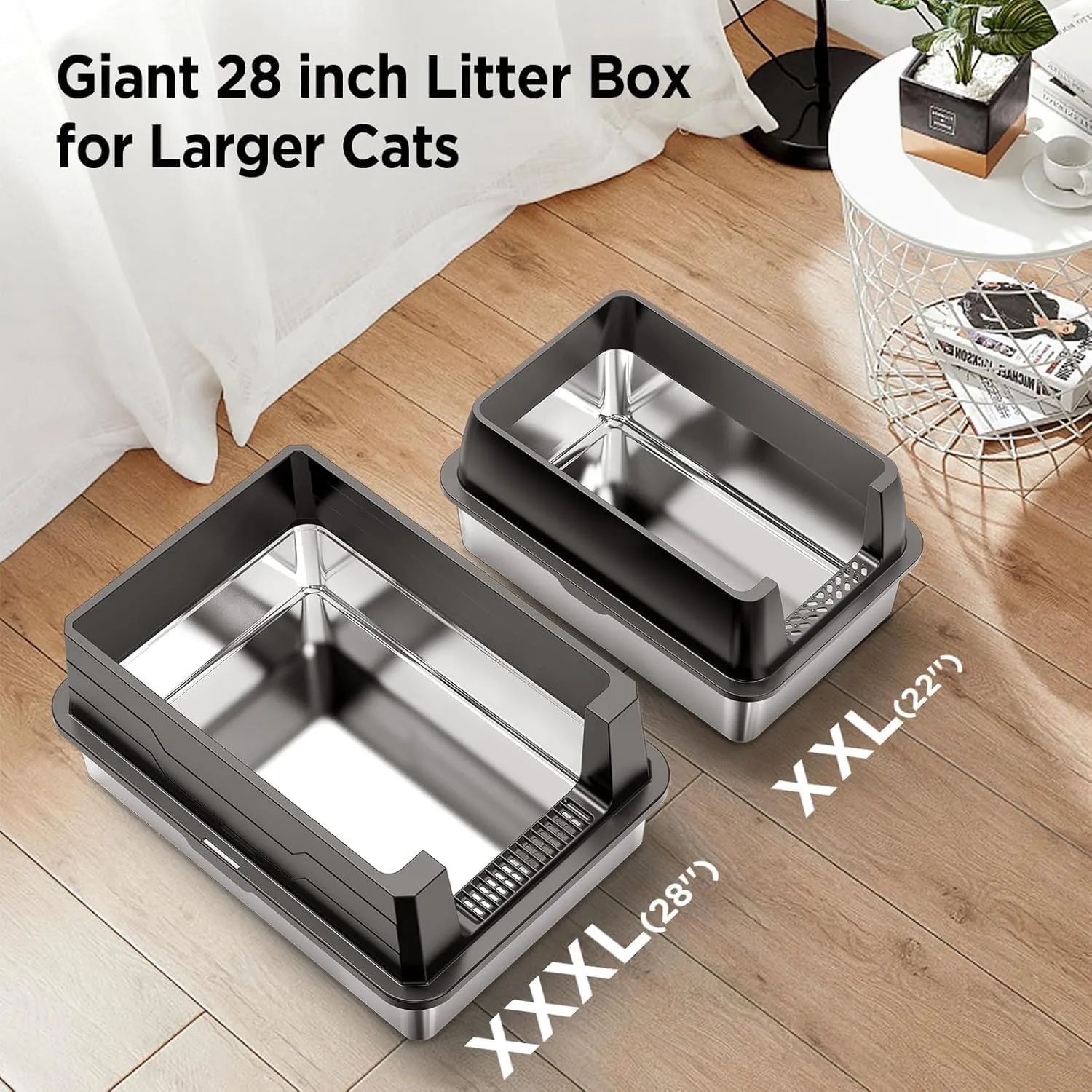 XXXL Stainless Steel Cat Litter Box,CattyKasa 28" L x 20" W Extra Large Litter Pan-for Big Cats/Multiple Cats Litter Box High Sided,Never Absorbs Odors, Anti-Urine Leakage,Easy Cleaning,Include Scoop