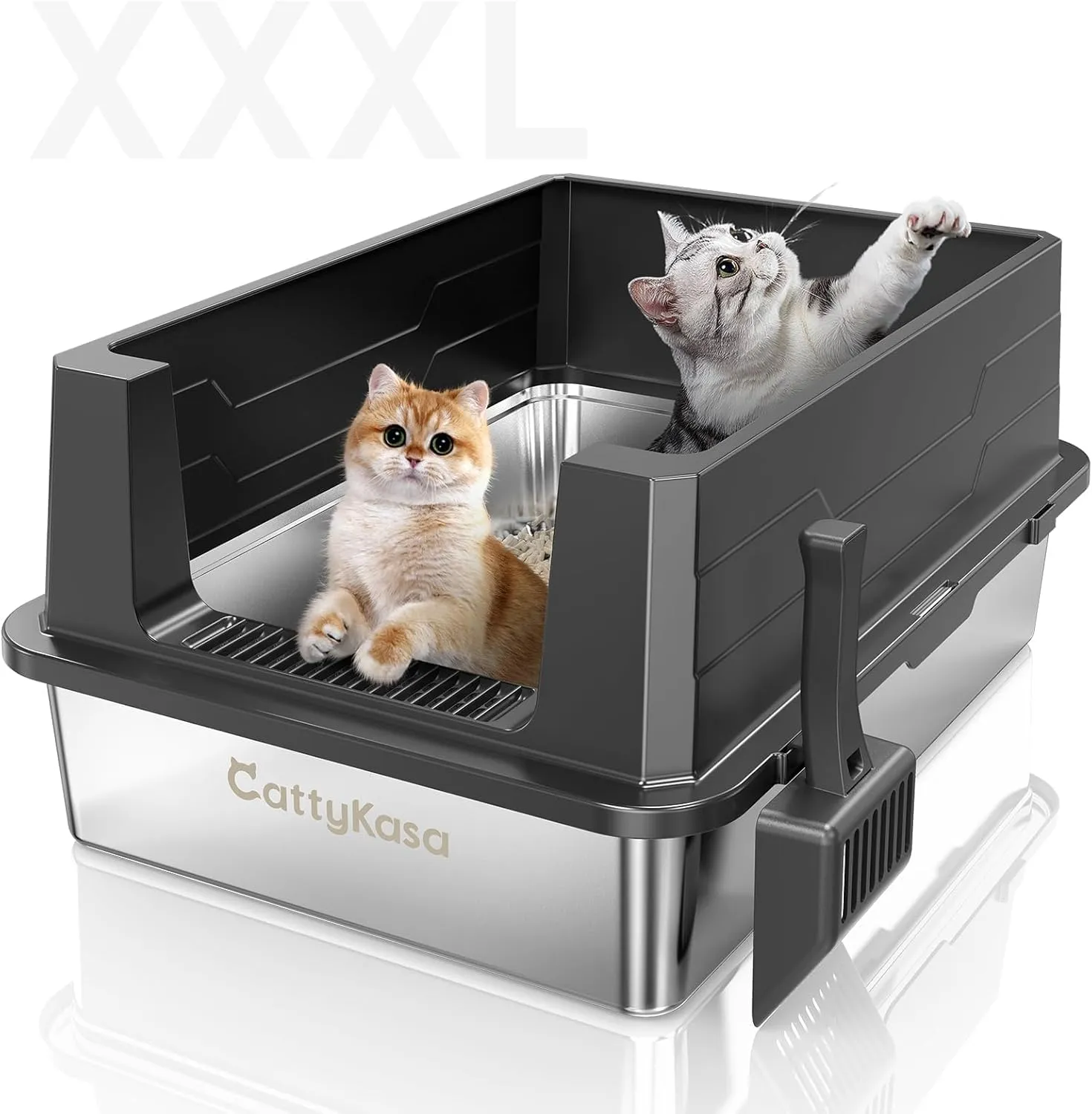 XXXL Stainless Steel Cat Litter Box,CattyKasa 28" L x 20" W Extra Large Litter Pan-for Big Cats/Multiple Cats Litter Box High Sided,Never Absorbs Odors, Anti-Urine Leakage,Easy Cleaning,Include Scoop